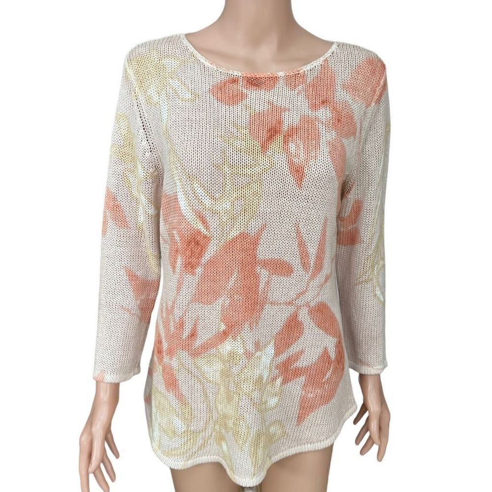 Chico's Peach Fauna warm floral sweater open knit linen blend size M